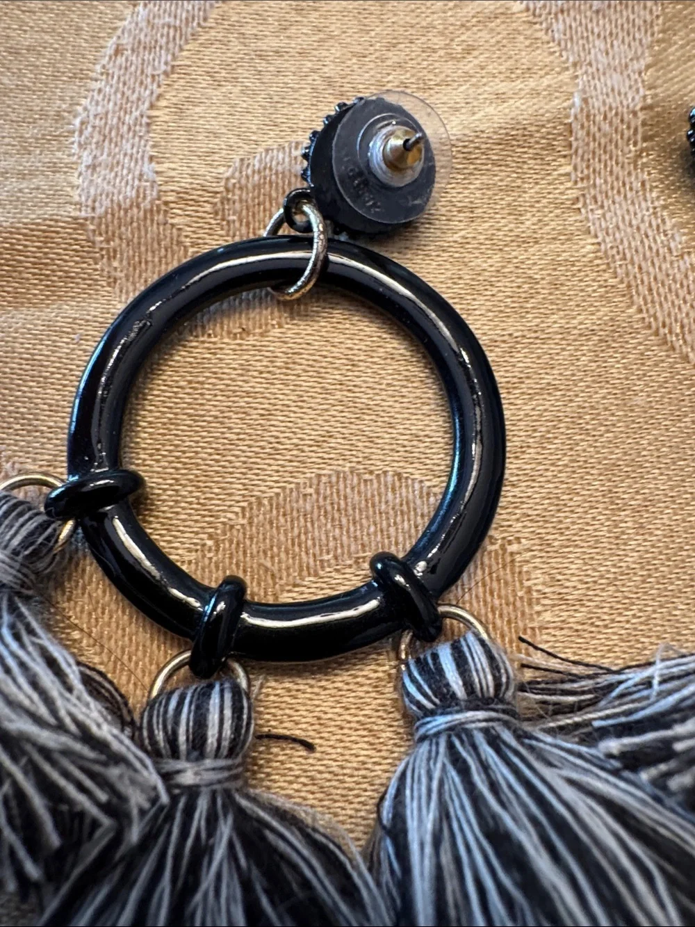 Black and Gray Tassel Hoop Earrings